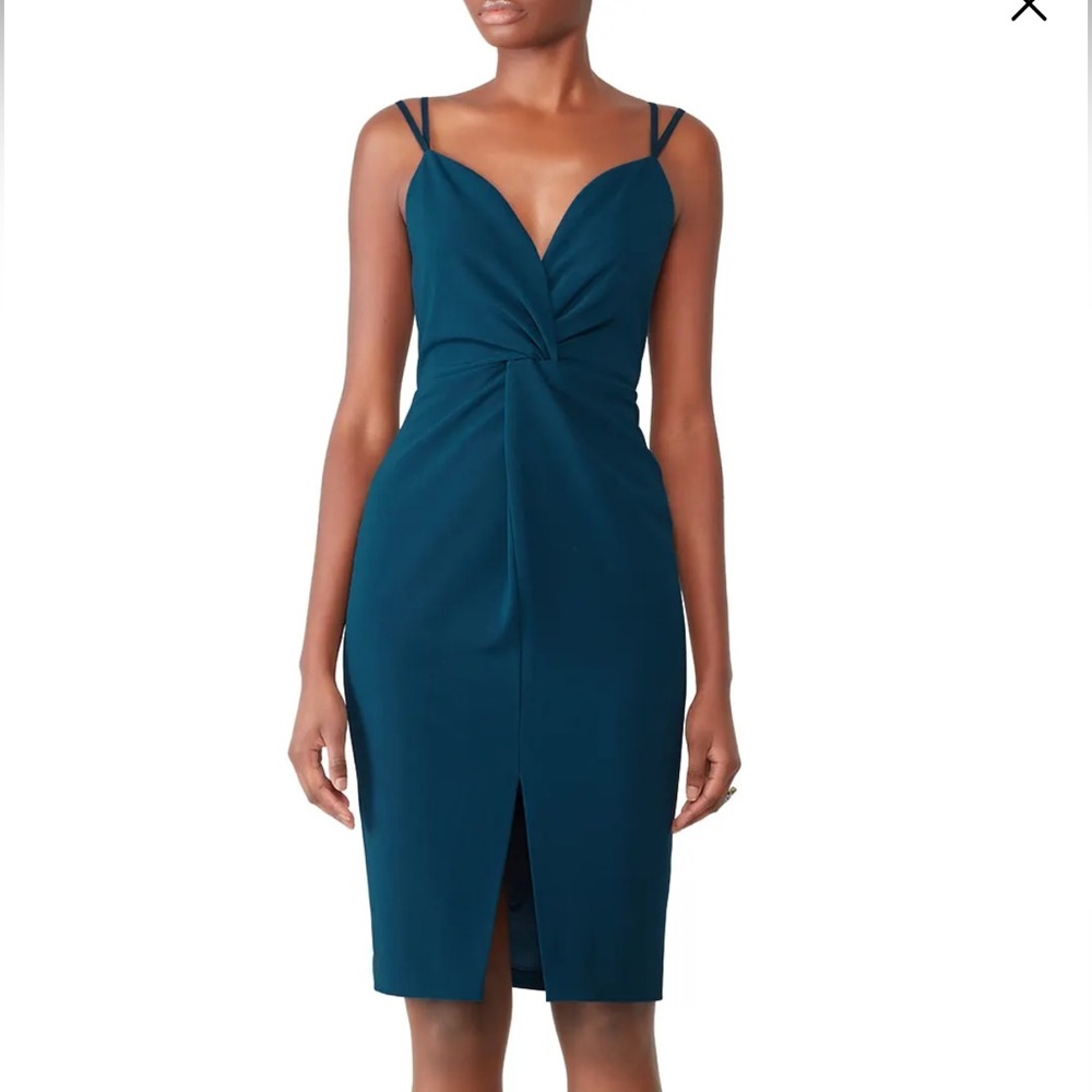 Parker blue Meeka sheath dress midi dark teal twist front double strap